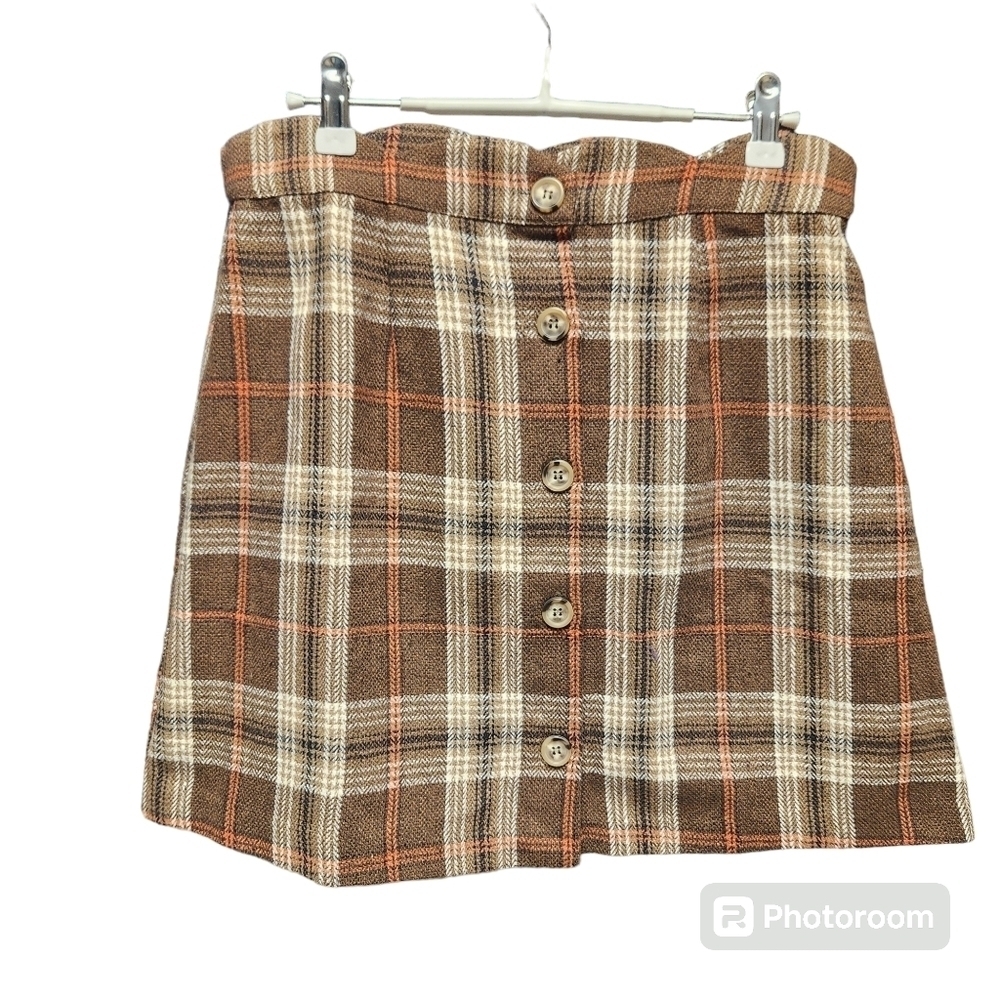 DAY TO DAY BLU PEPPER Brown and Orange Plaid Button Down Mini Skirt Sz. L